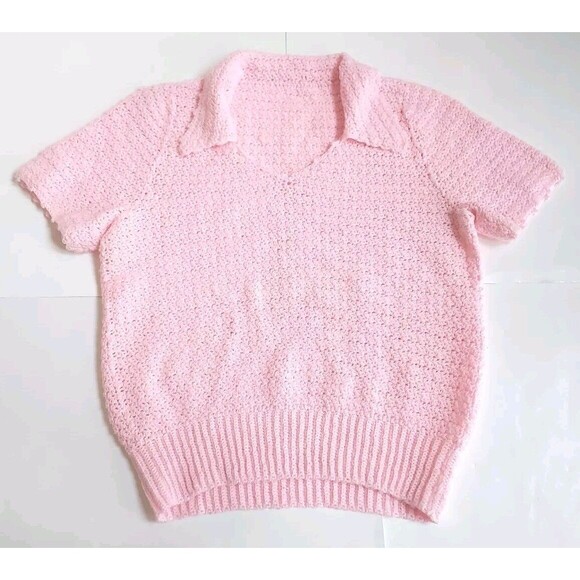 Handmade Sweaters - Vintage Handmade Knit Medium Pink V Neck Short Sleeved Collared Top Size XL